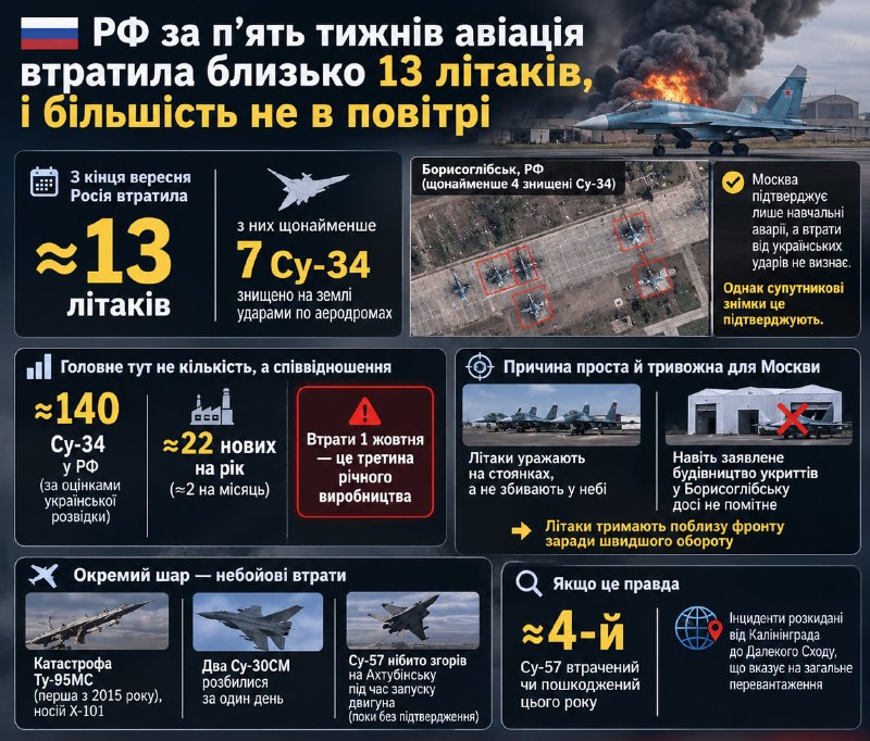РФ за п'ять тижнів авіація втратила близько 13 літаків, і більшість не в повітрі